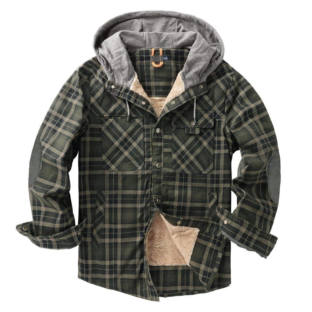 Hochwertige Herren-Hemdjacke mit Karomuster, Übergröße, mit Samtfutter, winddicht, warm, mit Kapuze, Baumwollmantel | 3252 