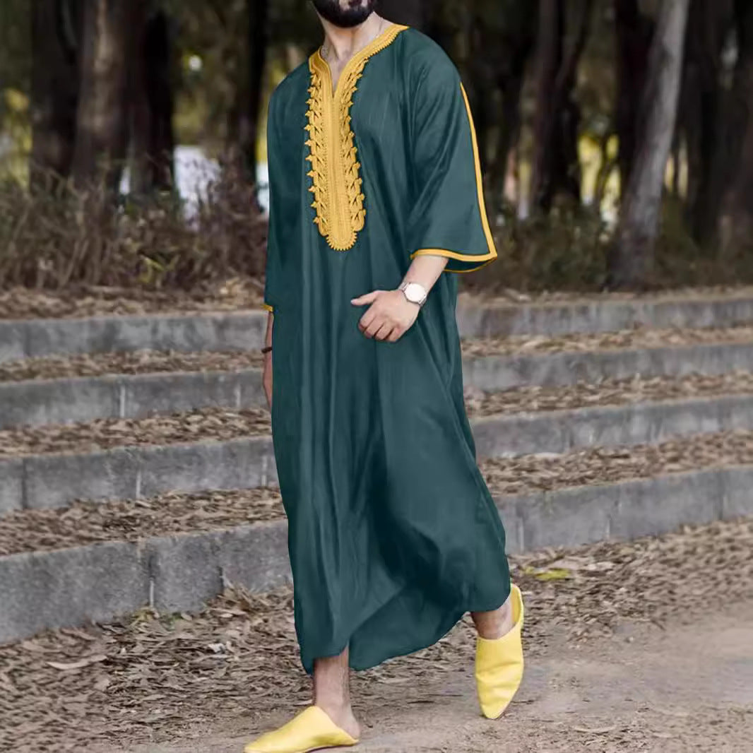 Lockerer muslimischer Herrenmantel mit Stickerei und langen Ärmeln, islamischer Abaya, Ramadan- und Eid-Outfits | 1134997 