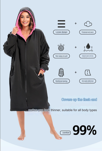 Warm Waterproof Swim Parka Oversized Hooded Changing Robe Sherpa Liner Swimming Coat Dry Surf Poncho |