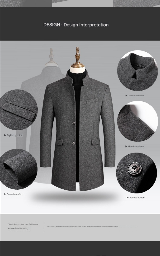 Men's Classic Woolen Jacket Coat Thick Mid-Long Trench Premium Wool & Blends Coat | 2811