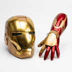 Gold Iron Man MK5 helmet beside a red-and-gold MK42 gauntlet on a white background