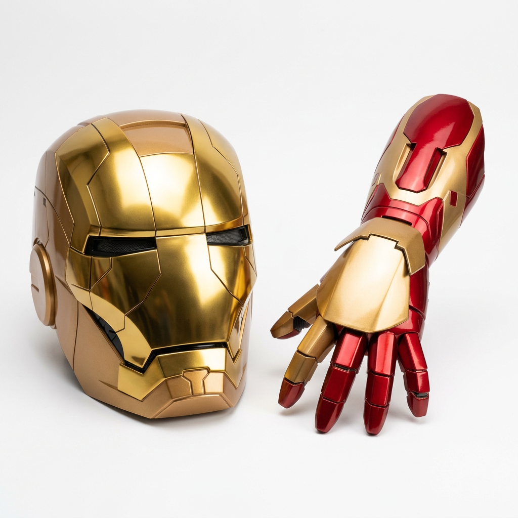 Gold Iron Man MK5 helmet beside a red-and-gold MK42 gauntlet on a white background