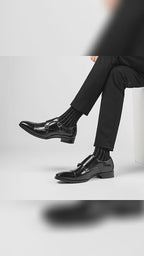 Men's Double Monk Strap Dress Shoes | Genuine Leather Business Oxfords with Height Boost | Square Toe Formal Footwear | HK5009-2