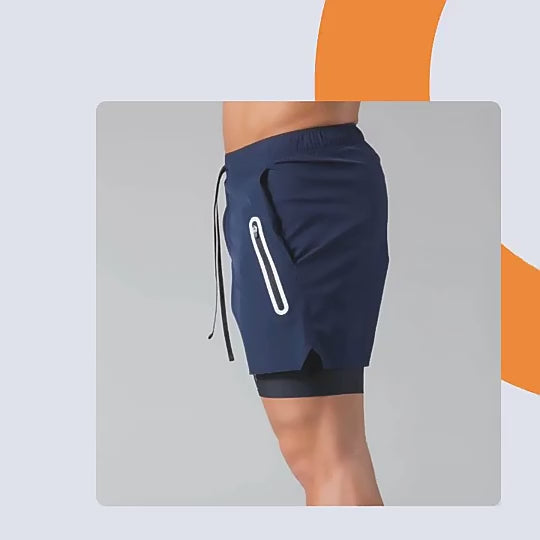 Herren Doppellagige Shorts mit Reißverschlusstasche zum Trainieren, Laufen, Fitnessstudio, Sportfutter | DK-03 