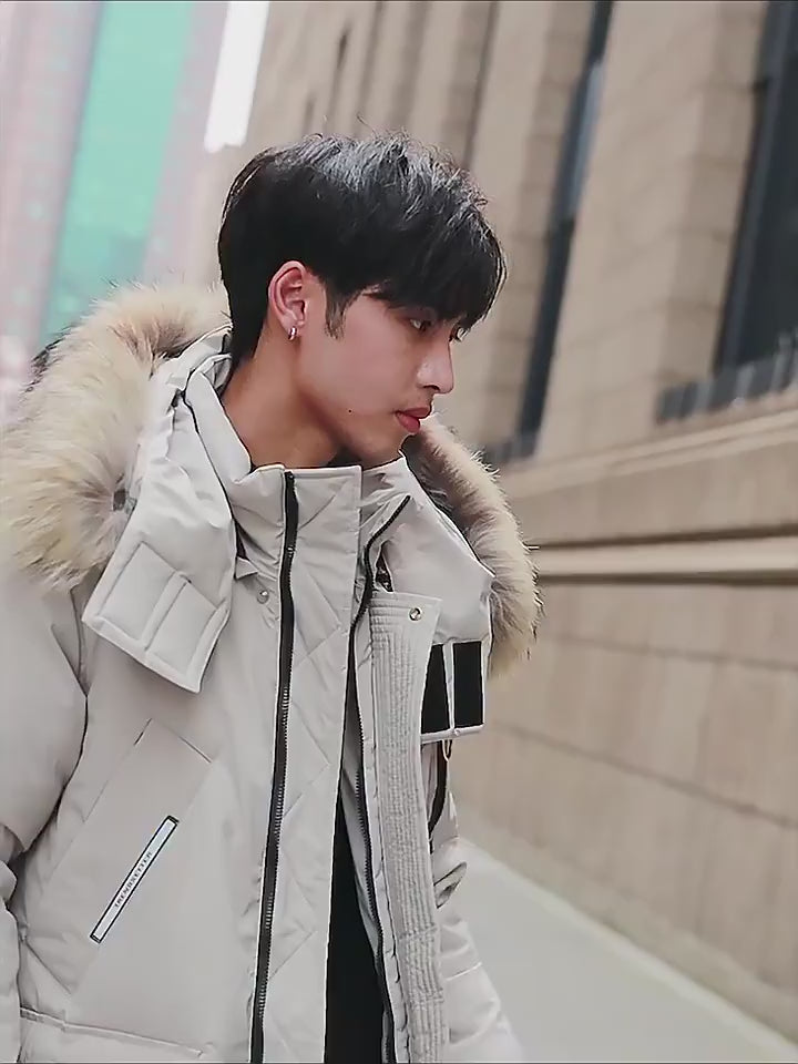 Herren Daunenjacke Mittellang Kapuze Pelzkragen Plus Samt Arbeitskleidung Entendaunenmantel | 896 