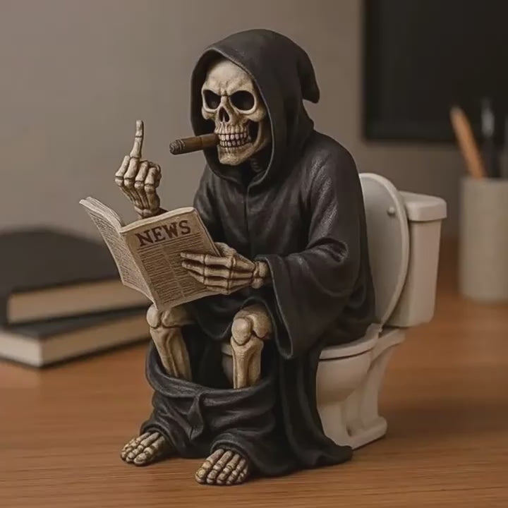 Flipping Grim Reaper Toilet Statue | Middle Finger Resin Sculpture for Halloween Décor | Funny Gothic Desk Ornament | 5622