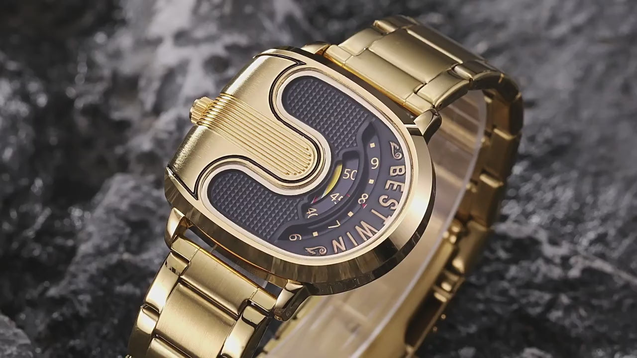 BESTWIN Men‘s Gold U-Shape Digital Chronograph Watch | Fashion Oval Dress Timepiece with Stainless Steel Bracelet | 988