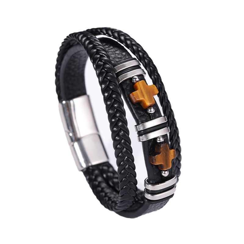 Herren Magnetisches Lederarmband Tigerauge Stein &amp; Doppelkreuz Edelstahl | YM-0361