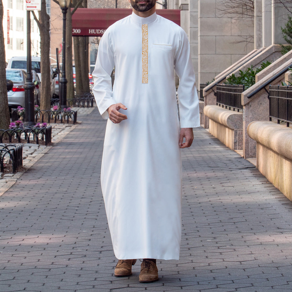 Men's Ethnic Embroidered Robe Long Sleeve Muslim Arabian Thobe with Standing Collar | 524859