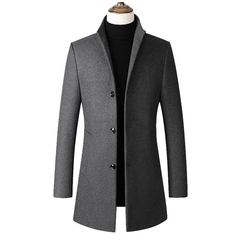 Trench-coat mi-long à col montant pour homme, manteau en laine à simple boutonnage | 825