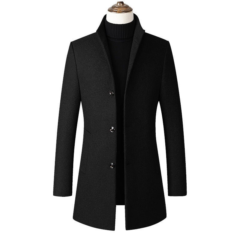 Trench-coat mi-long à col montant pour homme, manteau en laine à simple boutonnage | 825