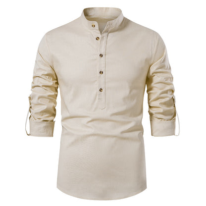 Chemise Henley en coton et lin pour homme, manches longues, style hippie, décontracté, pour la plage | A277