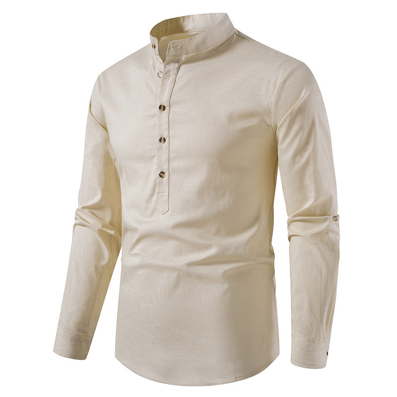 Chemise Henley en coton et lin pour homme, manches longues, style hippie, décontracté, pour la plage | A277