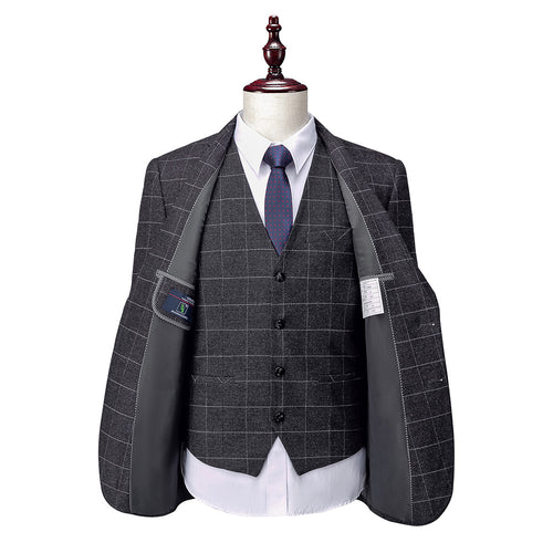 Dunkelgrauer 3-teiliger Slim Fit-Anzug für Herren im Vintage-Stil mit Karomuster | 1707