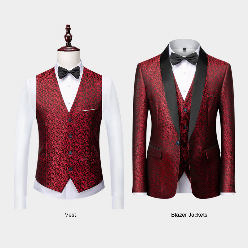 Desinger Men's Wine Red Elegant Jacquard 3 Piece Suit Tuxedo-1953