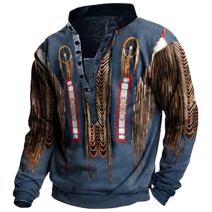 Sweat-shirt à manches longues et col Henley imprimé en 3D pour homme avec motif de culture américaine | 1B8R 