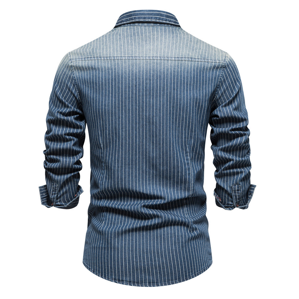 Men's Casual Denim Striped Slim Fit Long Sleeve Shirts | 6015