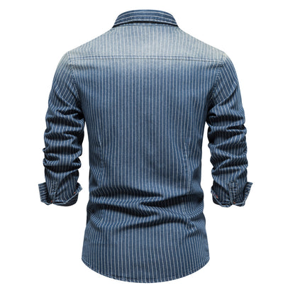 Camicie a maniche lunghe slim fit a righe in denim casual da uomo | 6015 