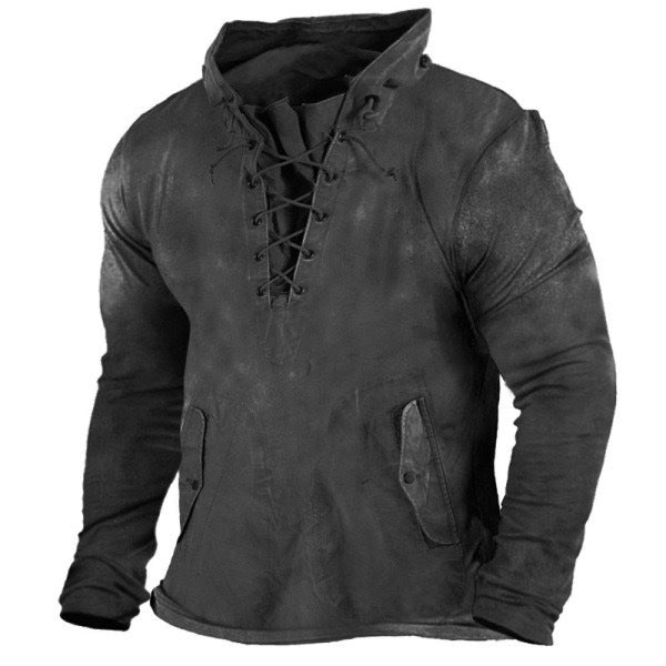 Men's Vintage Outdoor Tactical Lace-Up Hooded T-Shirt | UFY8