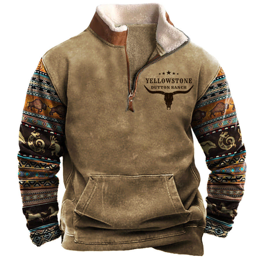 Herren Vintage Western Yellowstone Colorblock Pullover Große Größe Reißverschluss Stehkragen Sweatshirt | 99O9