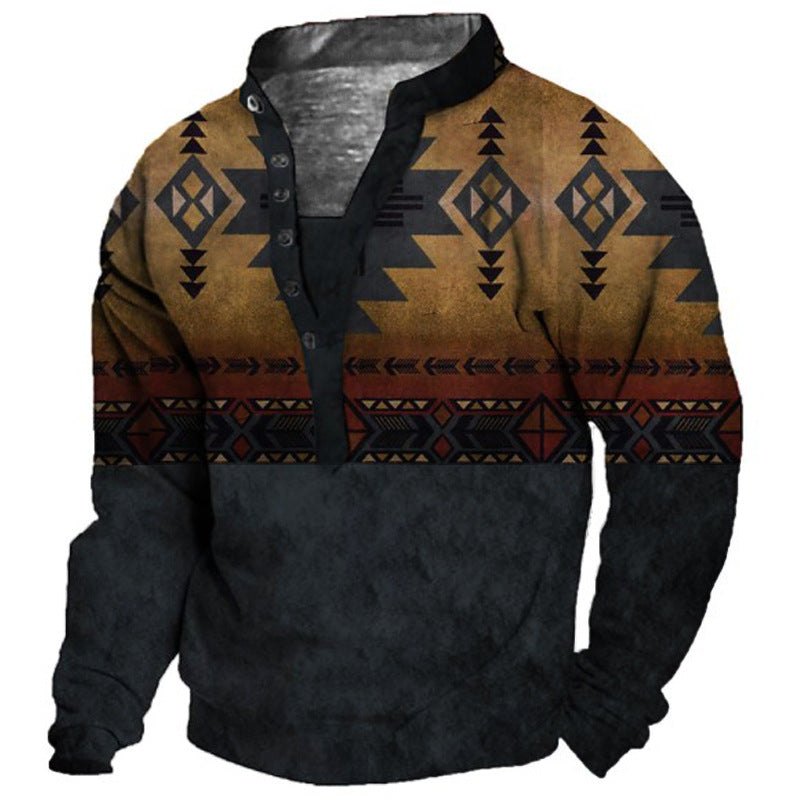 Herren-Sweatshirt mit Henley-Kragen und ethnischem Totem-Print | IW6S 