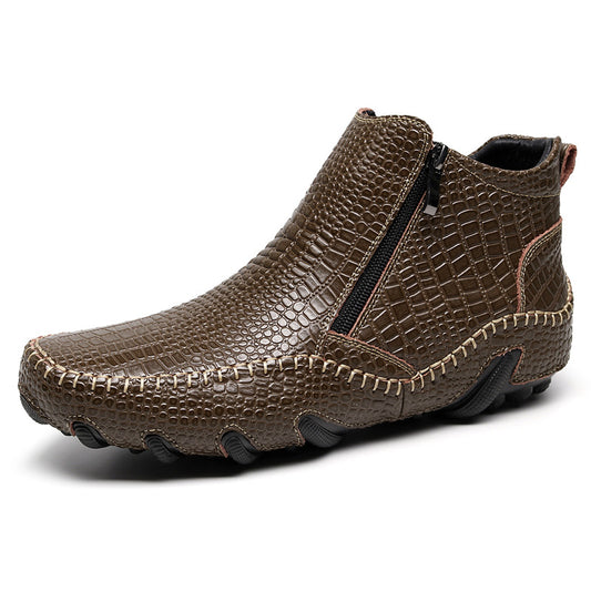 Men's Croc Pattern Zipper Leather Moccasin Shoes | 1813