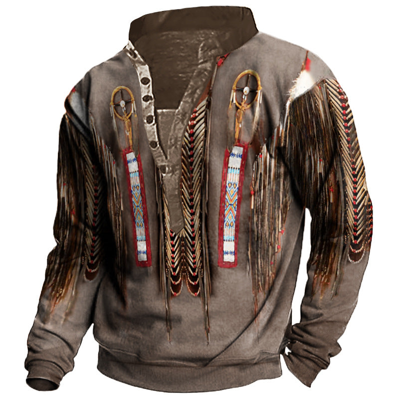 Sweat-shirt à manches longues et col Henley imprimé en 3D pour homme avec motif de culture américaine | 1B8R 