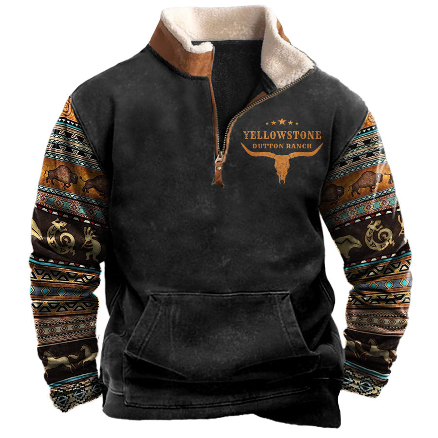 Herren Vintage Western Yellowstone Colorblock Pullover Große Größe Reißverschluss Stehkragen Sweatshirt | 99O9