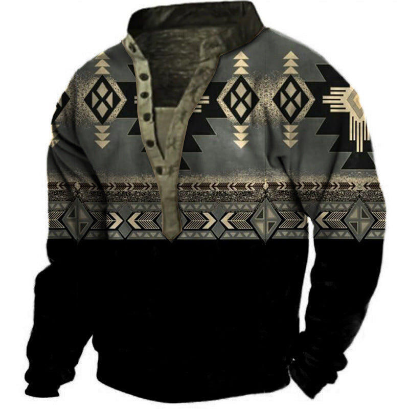 Herren-Sweatshirt mit Henley-Kragen und ethnischem Totem-Print | IW6S 