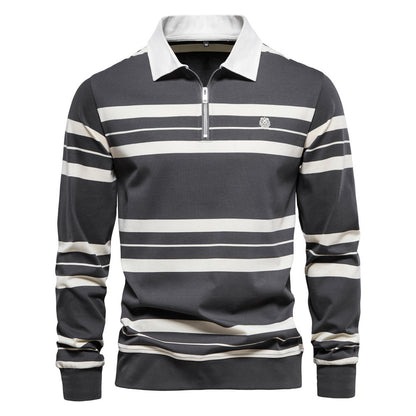 Men's Casual Golf Long Sleeve Half Zip Striped Polo Shirt | PL218