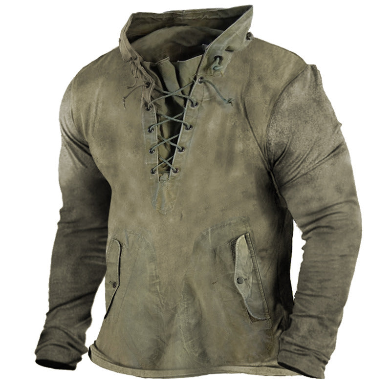 Herren Vintage Outdoor Tactical Schnür-Kapuzen-T-Shirt | UFY8 