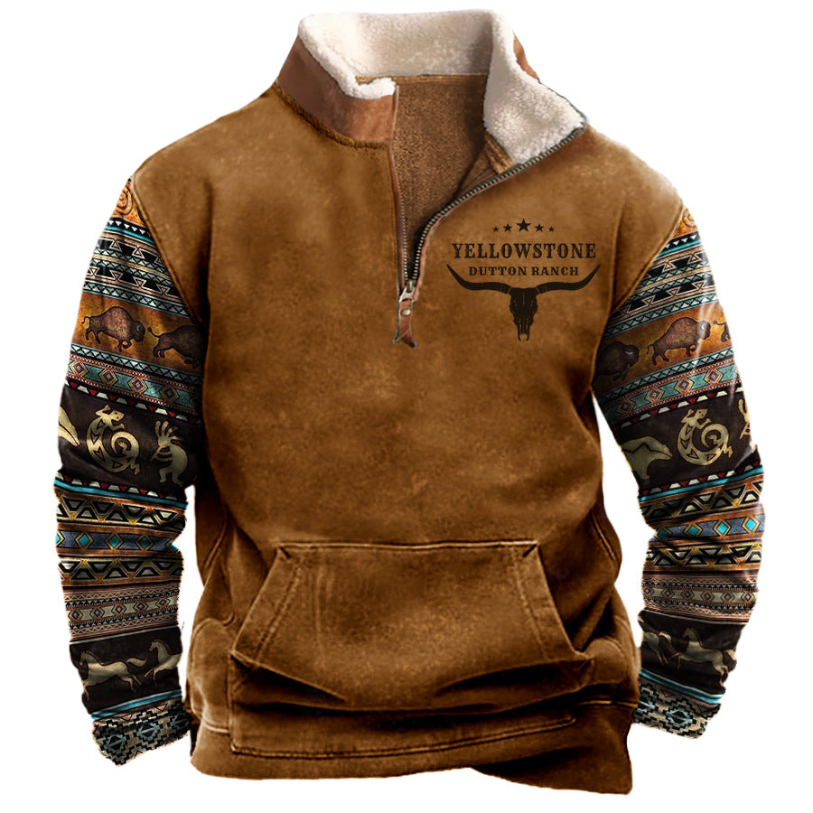 Herren Vintage Western Yellowstone Colorblock Pullover Große Größe Reißverschluss Stehkragen Sweatshirt | 99O9