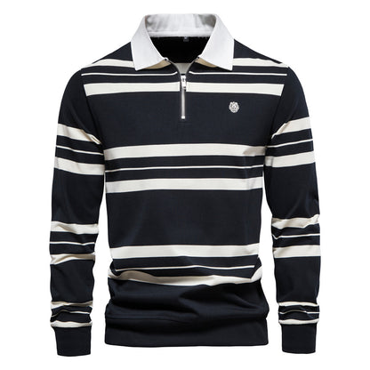 Men's Casual Golf Long Sleeve Half Zip Striped Polo Shirt | PL218