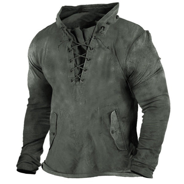 Men's Vintage Outdoor Tactical Lace-Up Hooded T-Shirt | UFY8