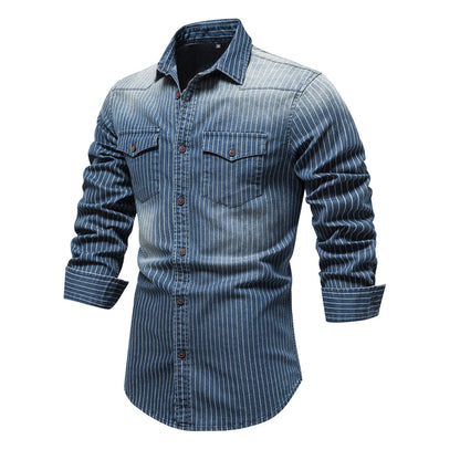 Men's Casual Denim Striped Slim Fit Long Sleeve Shirts | 6015