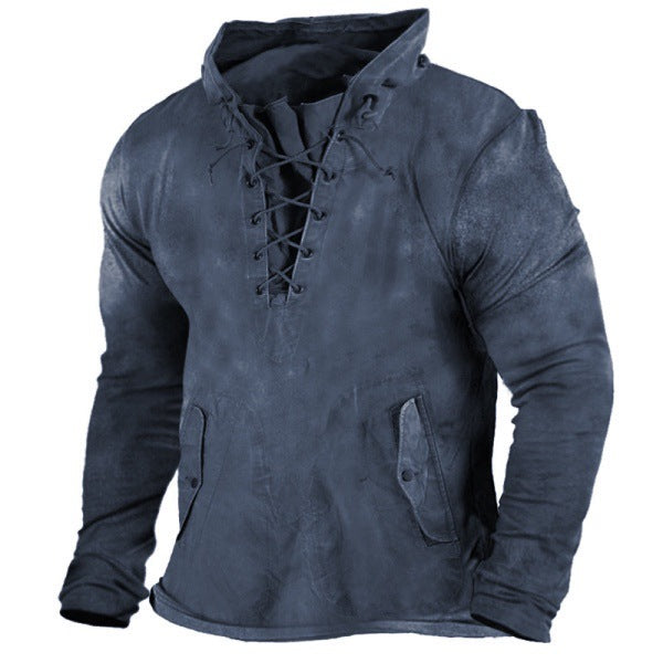 Herren Vintage Outdoor Tactical Schnür-Kapuzen-T-Shirt | UFY8 