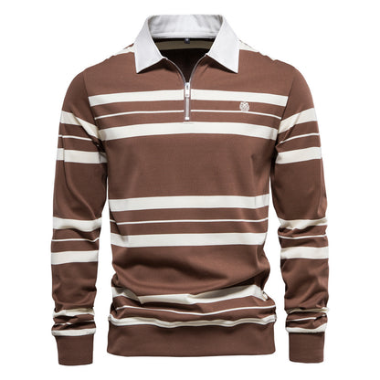 Men's Casual Golf Long Sleeve Half Zip Striped Polo Shirt | PL218