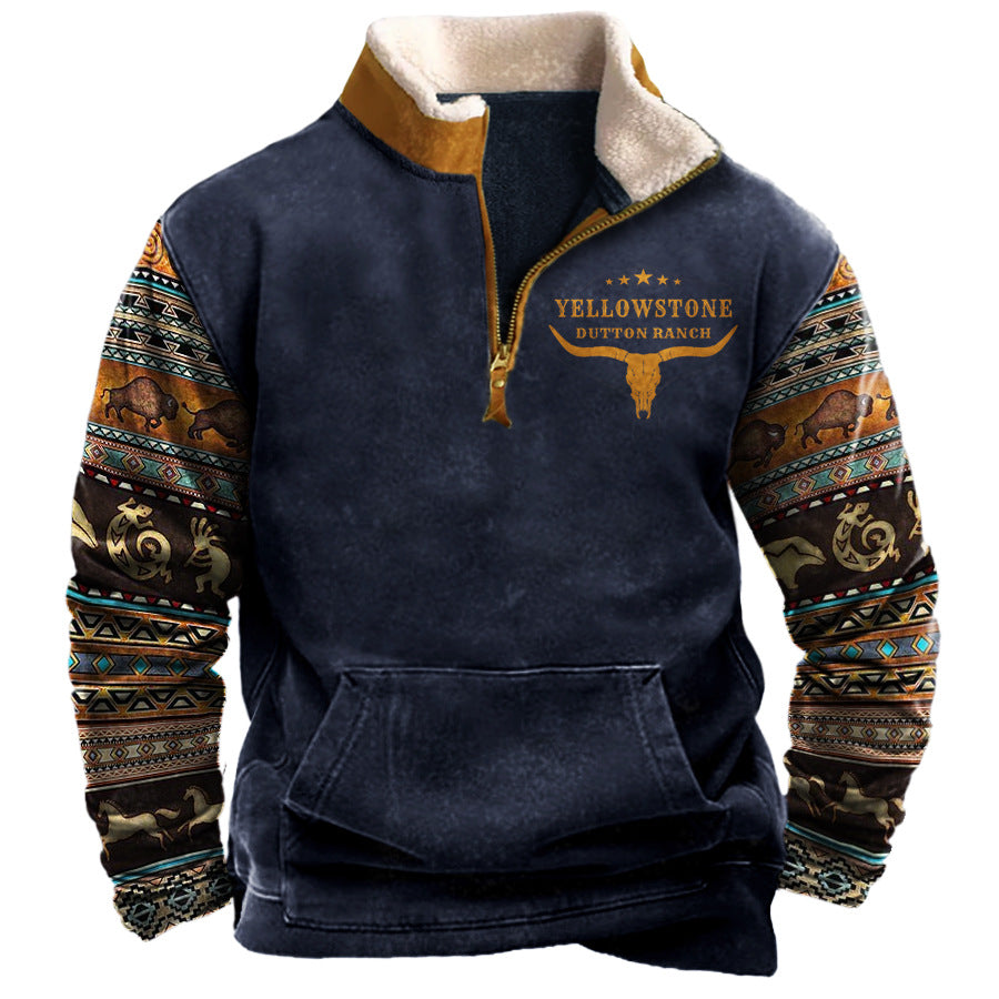 Herren Vintage Western Yellowstone Colorblock Pullover Große Größe Reißverschluss Stehkragen Sweatshirt | 99O9