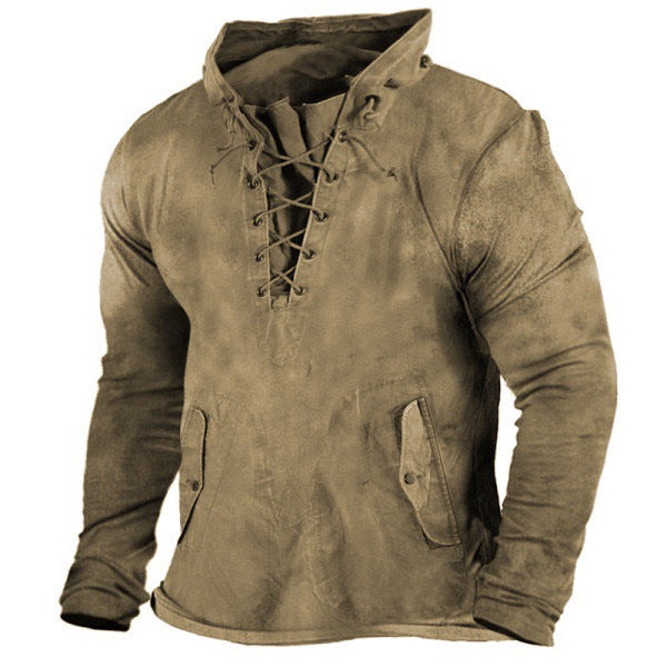 Herren Vintage Outdoor Tactical Schnür-Kapuzen-T-Shirt | UFY8 