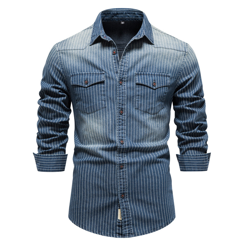 Camicie a maniche lunghe slim fit a righe in denim casual da uomo | 6015 