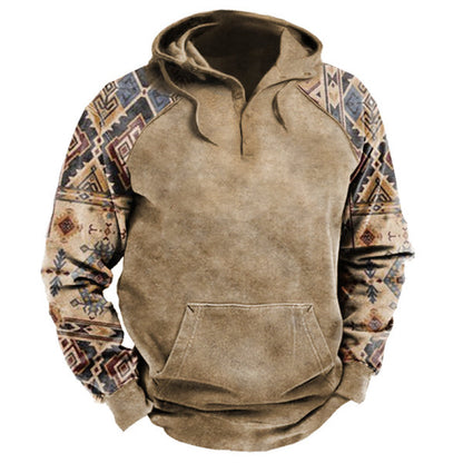 Men's Outdoor Vintage Patchwork Ethnic Pattern Print Hoodie | Y75B