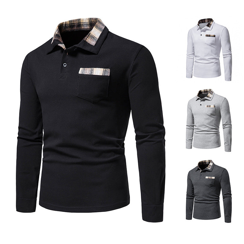 Lässiges Herren-Poloshirt mit Langarm und Karokragen und Taschen | D81