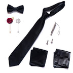 Schwarze Herren-Krawatte aus Seide, einfarbig, Krawatte und Einstecktuch, Manschettenknöpfe, formelles Business-Set | LB225