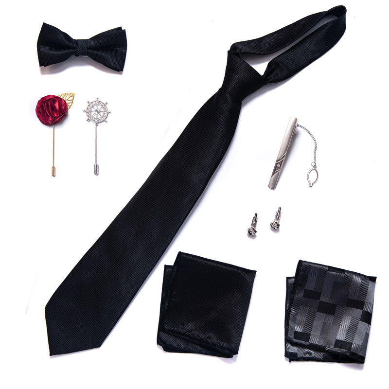 Schwarze Herren-Krawatte aus Seide, einfarbig, Krawatte und Einstecktuch, Manschettenknöpfe, formelles Business-Set | LB225