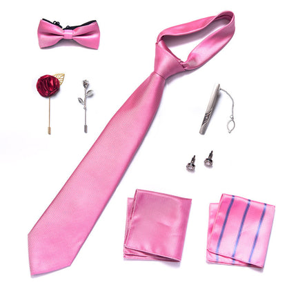 Cravate rose unie pour homme, pochette, boutons de manchette, broche pour fête de mariage | LB227