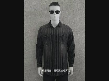 Men's Casual Denim Striped Slim Fit Long Sleeve Shirts | 6015