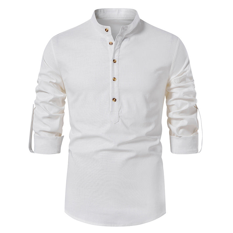 Chemise Henley en coton et lin pour homme, manches longues, style hippie, décontracté, pour la plage | A277