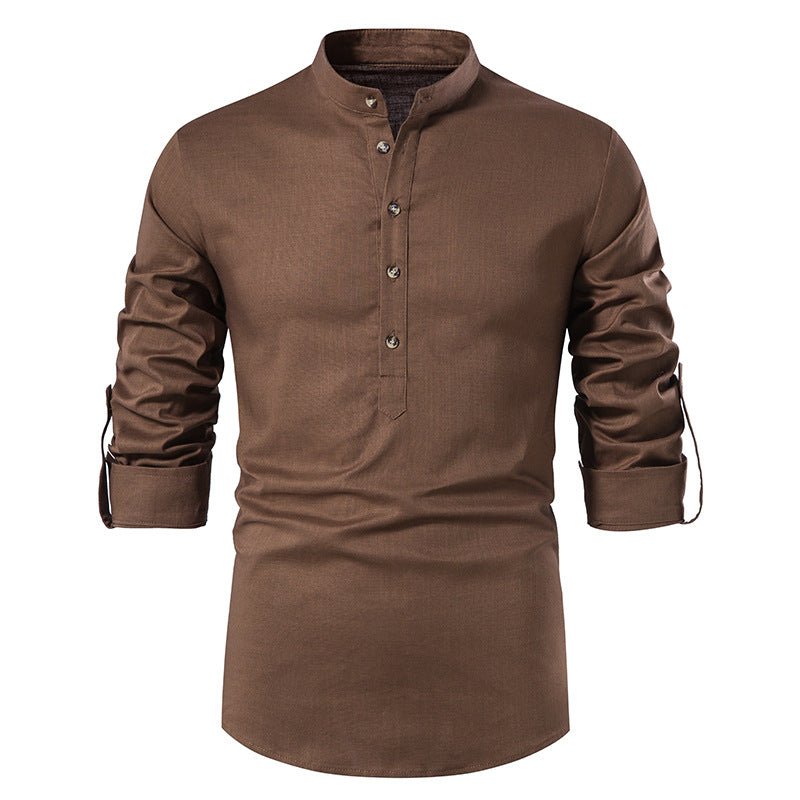 Chemise Henley en coton et lin pour homme, manches longues, style hippie, décontracté, pour la plage | A277