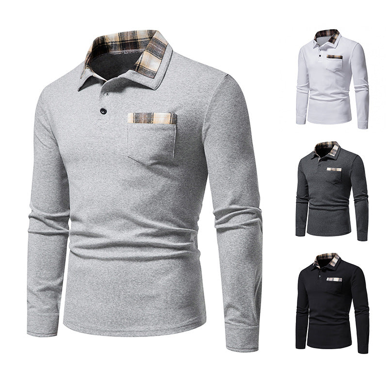 Lässiges Herren-Poloshirt mit Langarm und Karokragen und Taschen | D81