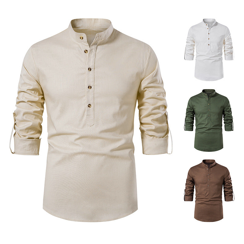 Chemise Henley en coton et lin pour homme, manches longues, style hippie, décontracté, pour la plage | A277